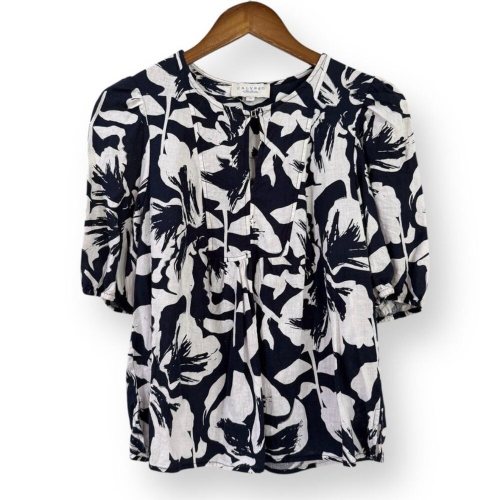 Calypso St. Barth Navy Floral Puff Sleeve Linen Blend Blouse Womens XS Tropical